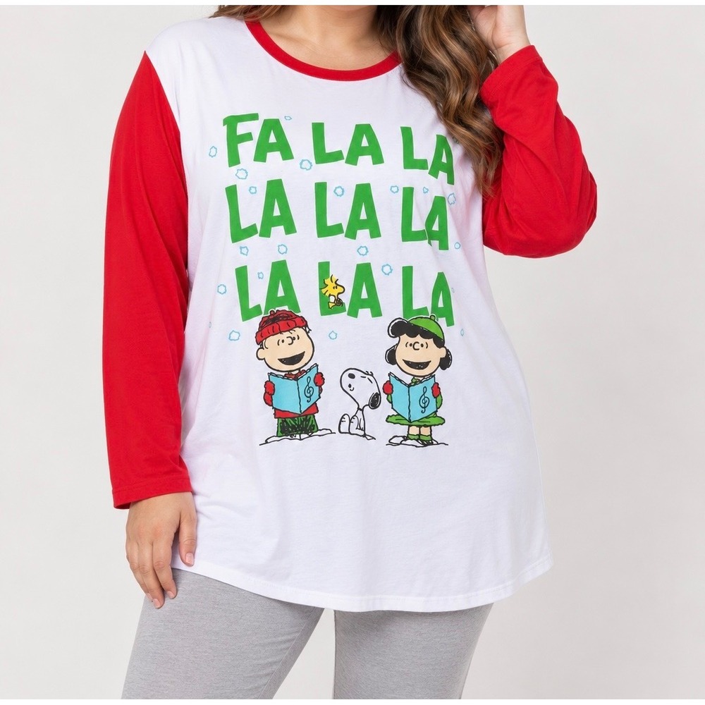 Peanuts Pajama Top Womens XL White Red Christmas Snoopy Charlie Brown Fa La La